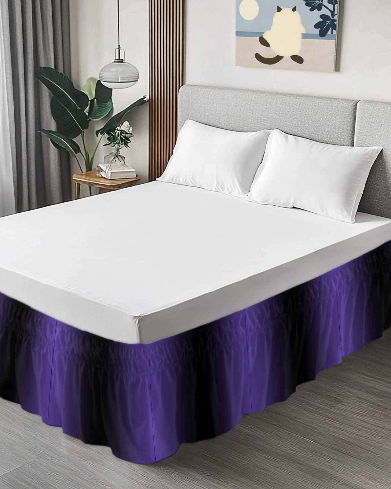 Purple Black Ombre Bed Skirt Cal King Size, Gradient Contemporary Abstract Art Wrap Around Bed Skirting with Adjustable Elastic Strap, Dust Ruffled Pleated Bedskirts 18 Inch Drop for Bedroom Beds