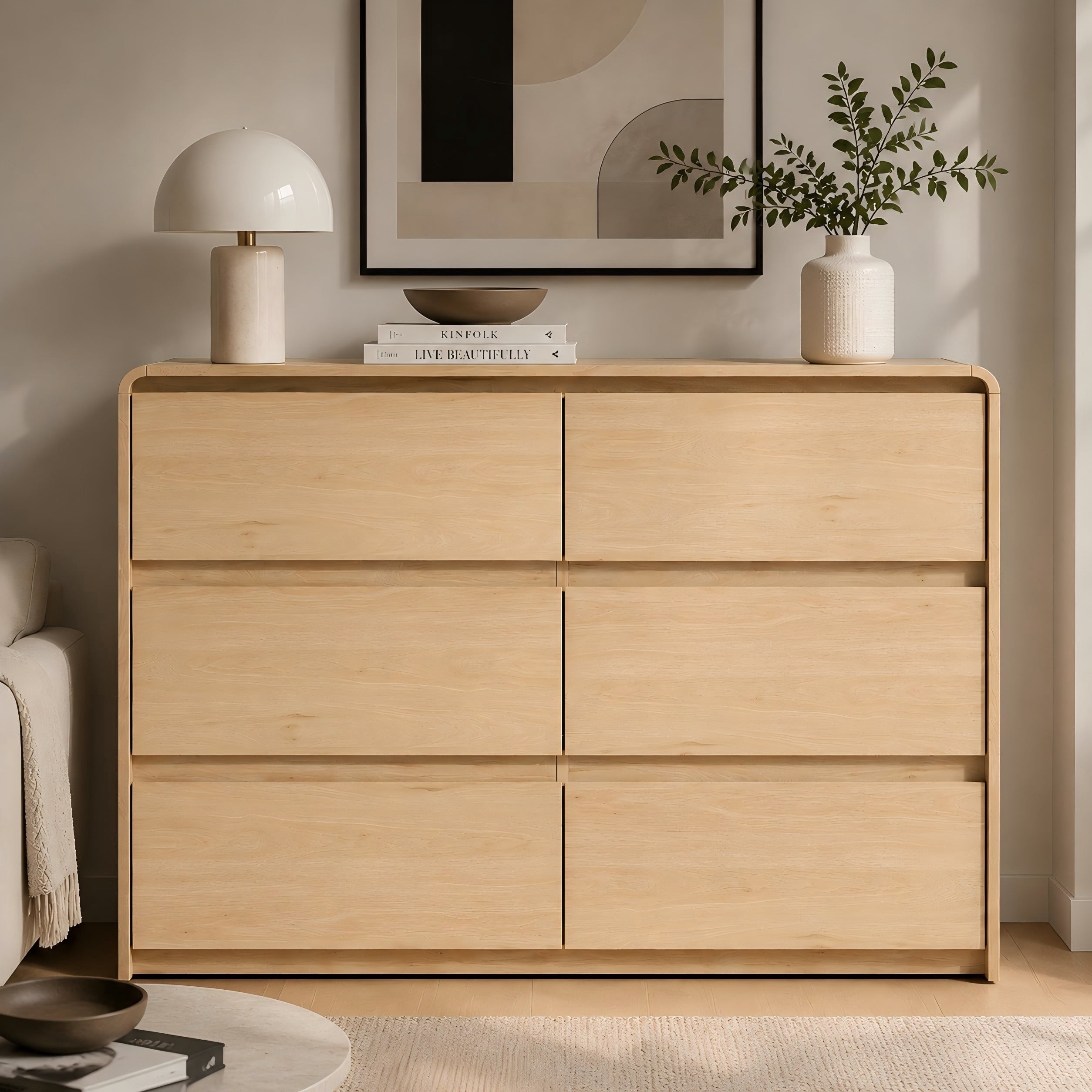 WACASA 6 Drawer Dresser for Bedroom, Brown Bedroom Dresser for Closet with Round Edge, Modern Wood Dressers & Chests of Drawers for Living Room, Hallway