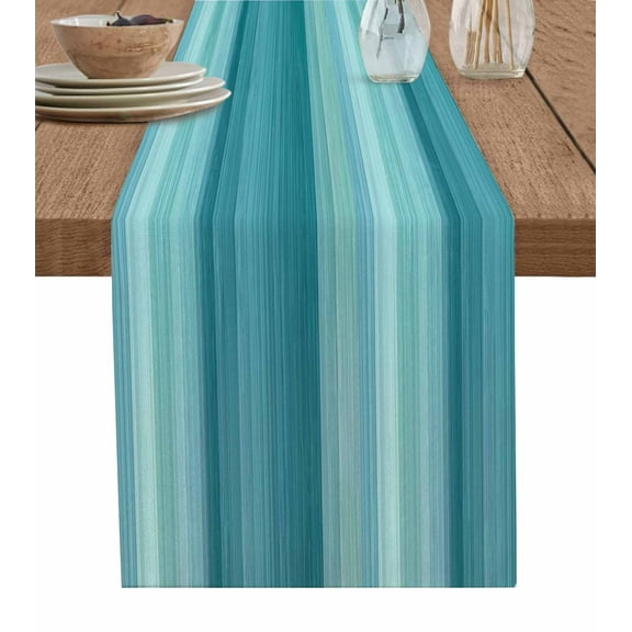 Teal Turquoise Aqua Ombre Table Runner Cotton Linen 48 Inch Holiday Dresser Scarves,Contemporary Abstract Lines Tablerunner for Kitchen Coffee Dining Bedroom Living Room Dinner Scarf Décor 13''x48''
