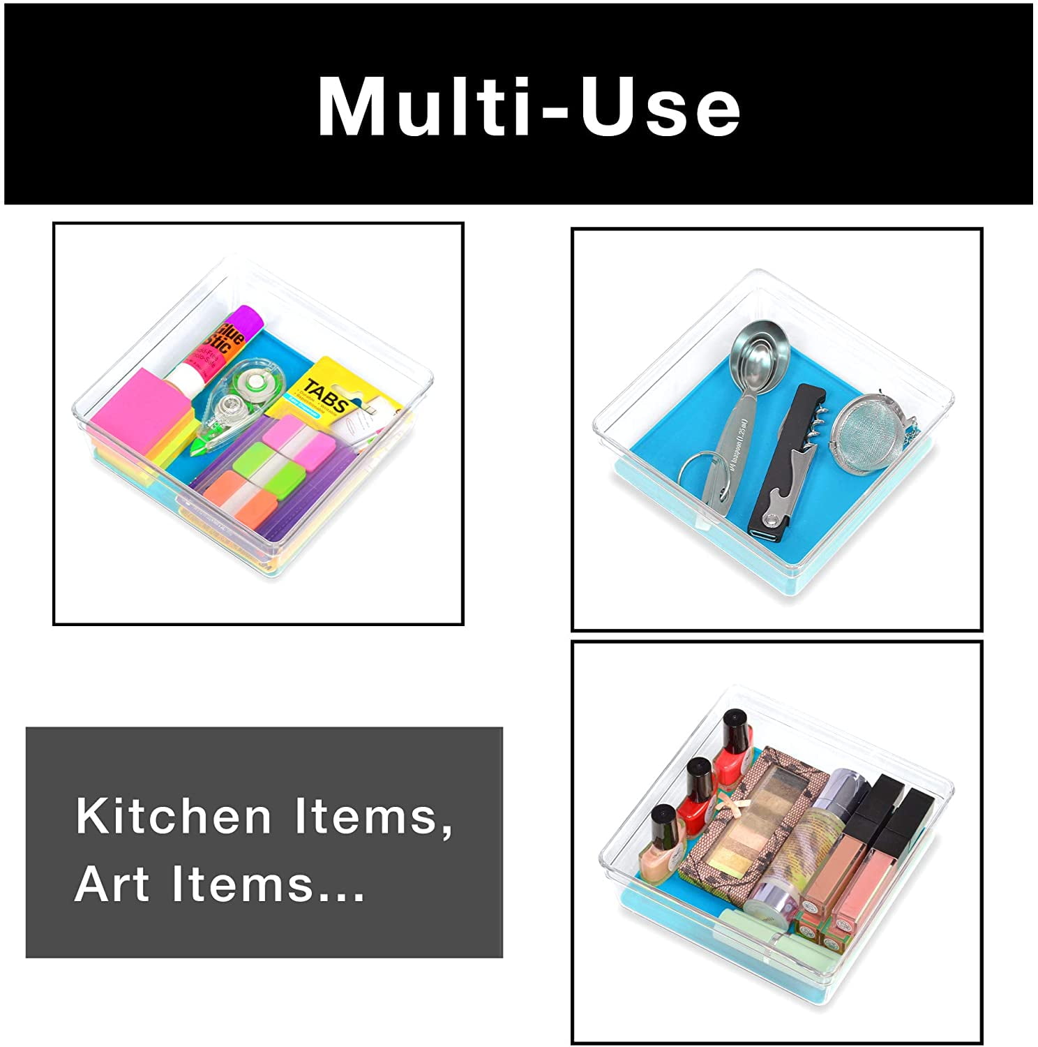 Smart Design Plastic Drawer Organizer - Set of 6 - 6 x 6 Inch - Silicone Bottoms - BPA Free - Utensils, Silverware, Organization - Kitchen - Blue