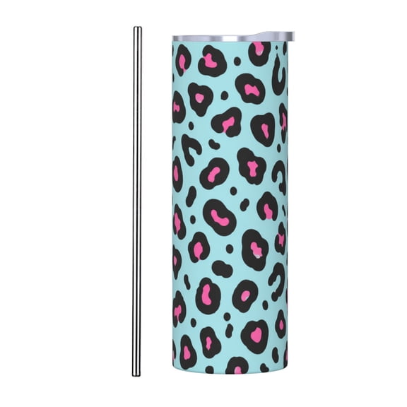 20oz Blue Leopard Print Tumbler with Handle and Straw Pink Animal Pattern Stainless Steel Insulated Travel Coffee Cup Gift with Stainless Steel Straw