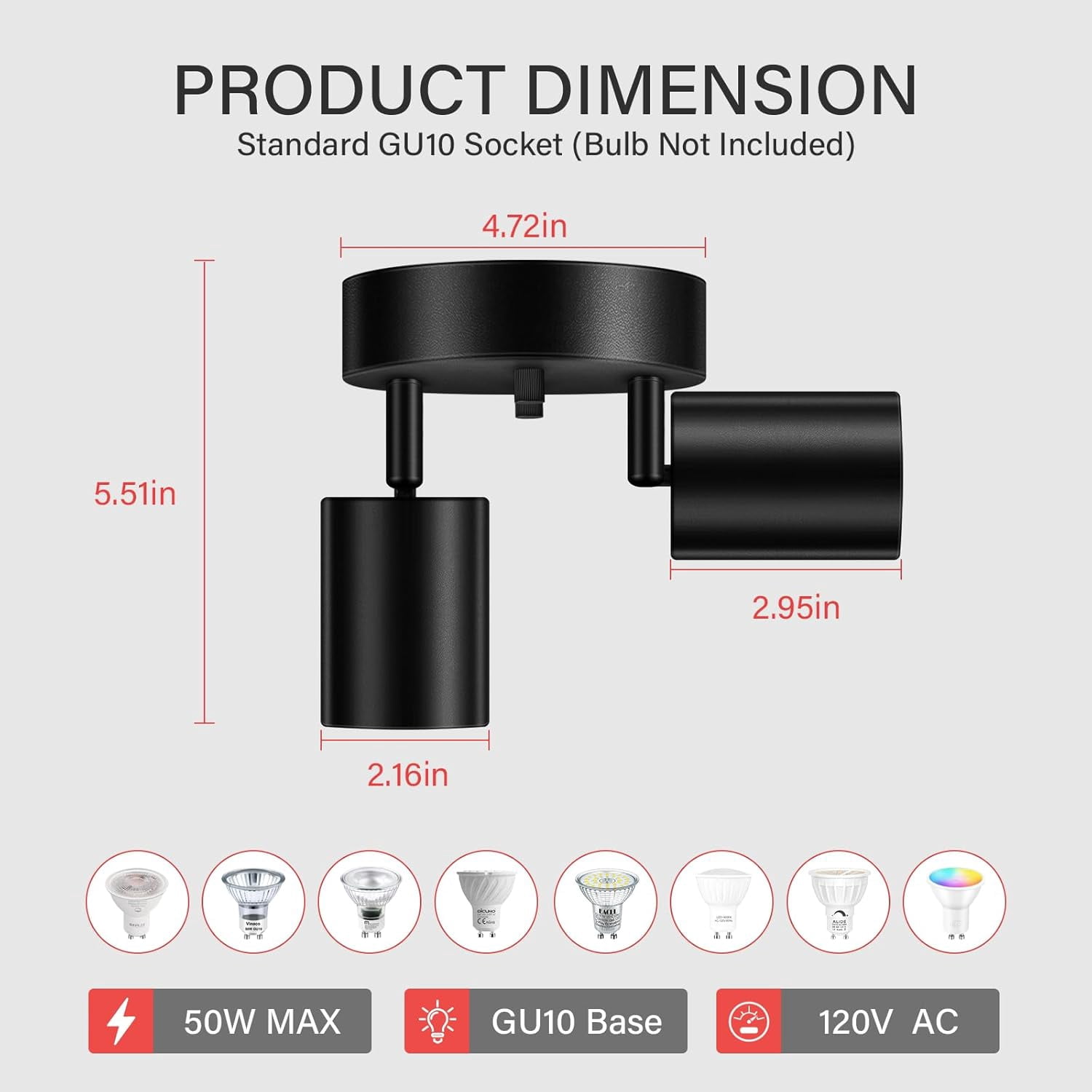 LED 2 Light Track Lighting Kit, Fixtures, Black Round Ceiling Spot Lighting, Flexibly Rotatable Head for Kitchen, Living Room, Bedroom, GU10 Bulb Not Included