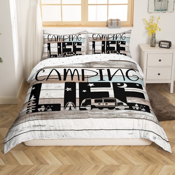Erosebridal Lodge Cabin Comforter Cover Twin,Happy Camping Bedding Twin Size,Rv Accessories Duvet Cover Twin,Super Cozy Rustic Room Decoration(No Comforter),Reversible,3pcs