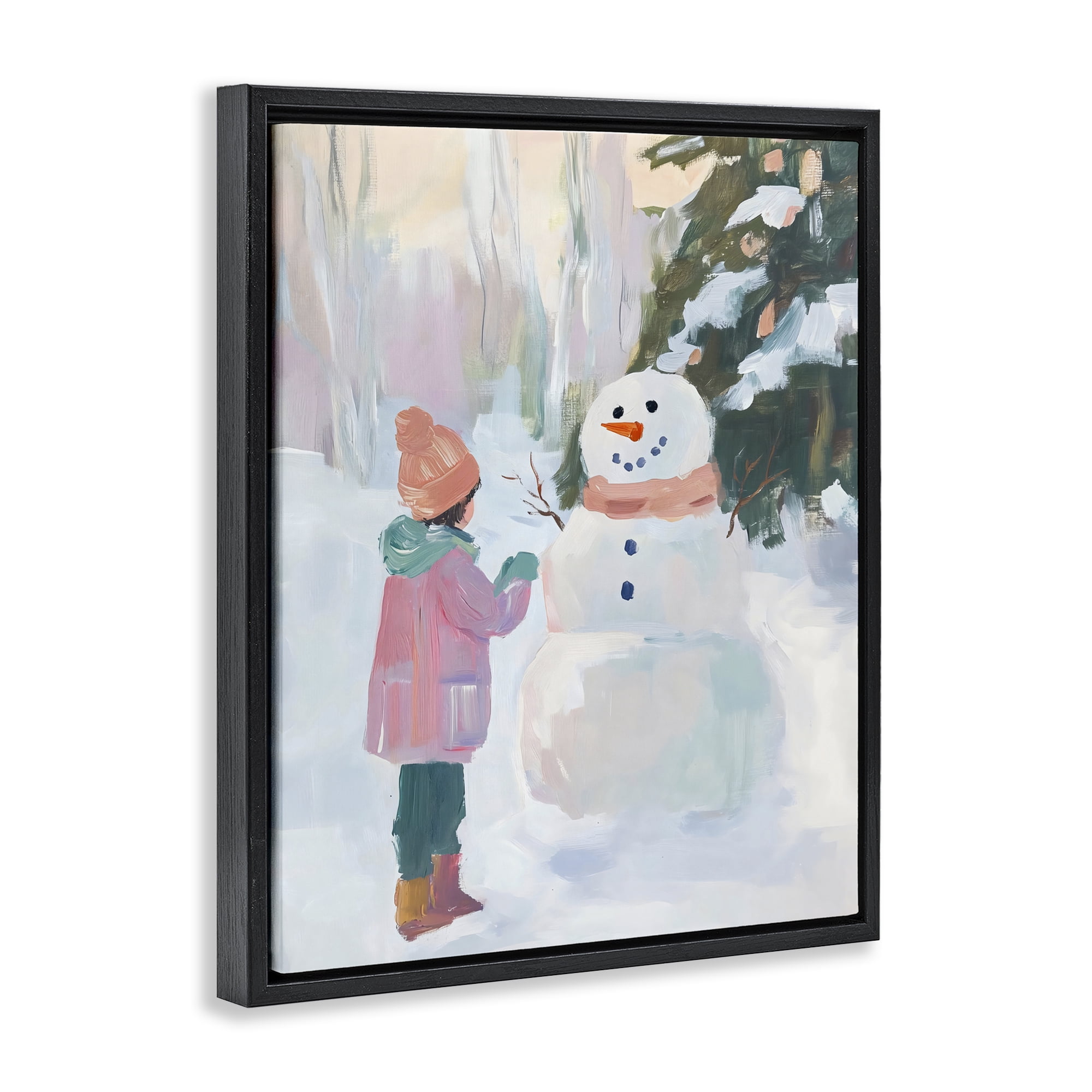 Stupell Industries Girl & Snowman in Winter Black Framed Floater Canvas Wall Art, design by The Prints Vibe
