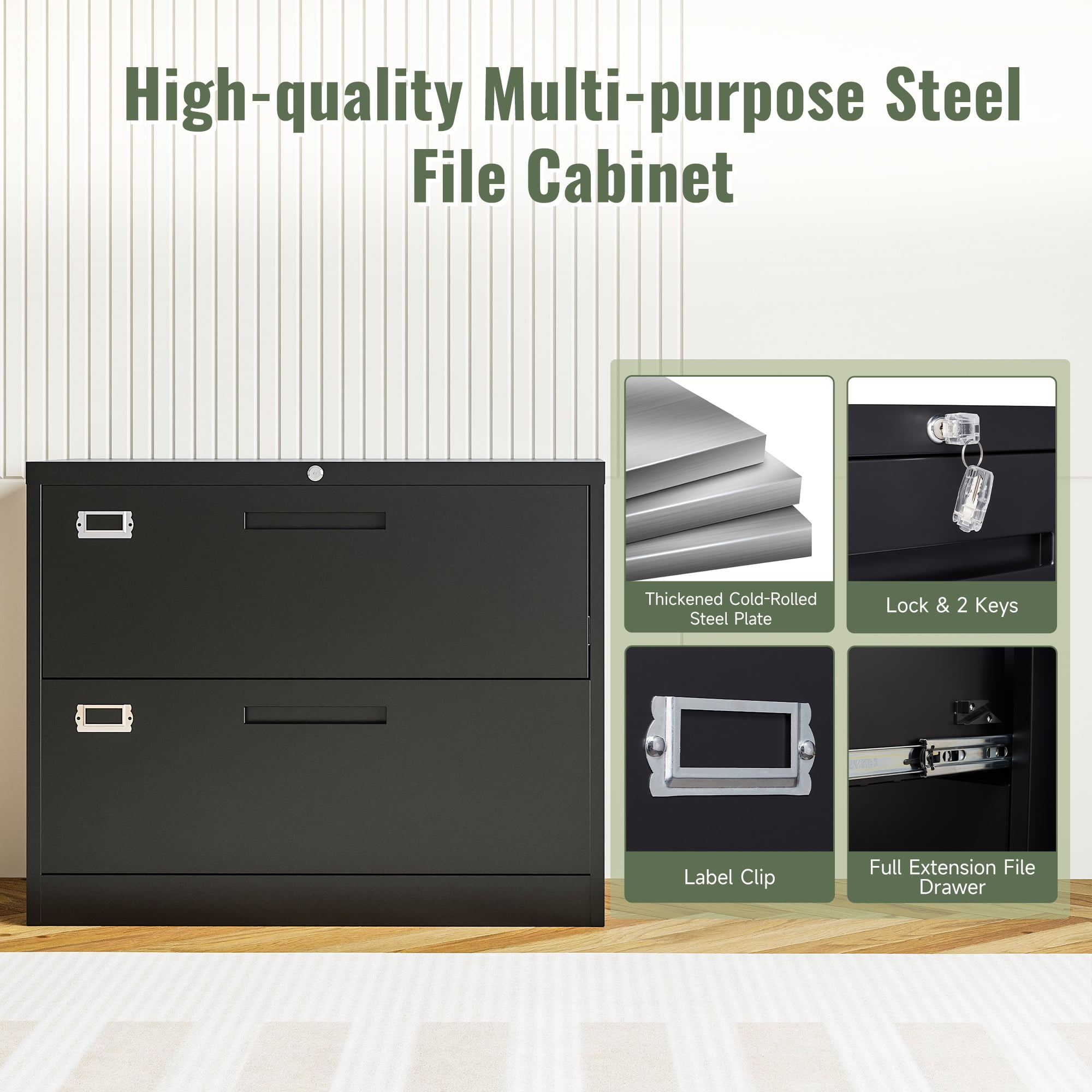 AUHUP 2 Drawer File Cabinet with Lock, Metal Lateral Filing Storage Cabinet Fits Letter/Legal/F4/A4 Size, File Cabinets for Home Office (Black-Assembly Required)