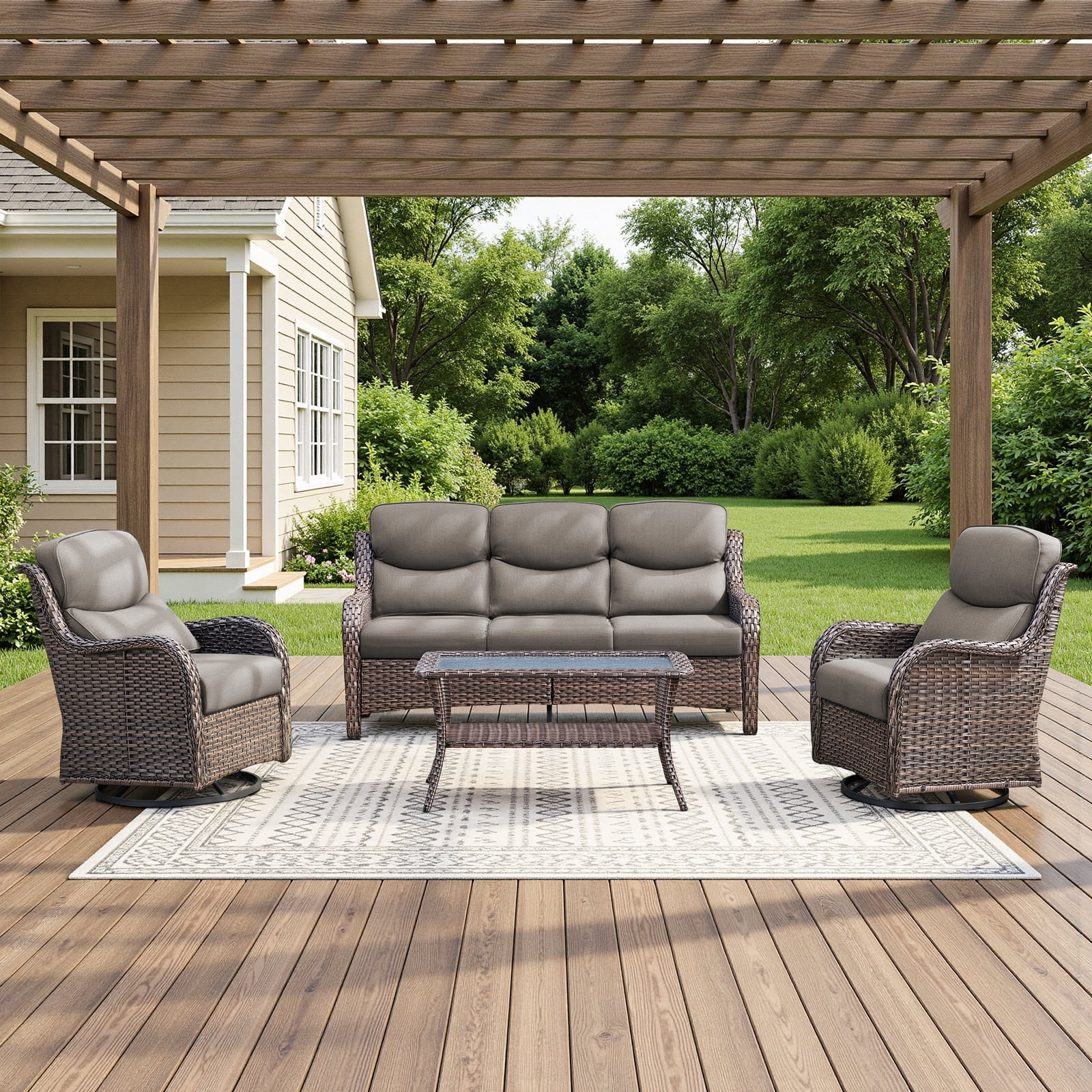 POCASSY 4-Piece Outdoor Patio Furniture Set with Swivel Chairs, Luxury High Back Rattan Wicker Outdoor Conversation Set with 5-inch Thick Seat Cushion Sofa and Swivel Glider Patio Chair for Porch