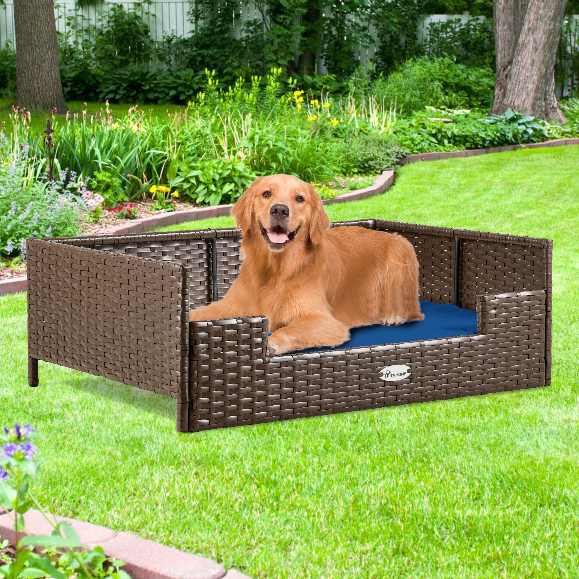 Dextrus Rattan Dog Bed with Blue Cushion, Indoor Outdoor Pet Bed for Small Medium Dogs and Cats,34.6''Lx23.6''Wx11.8''H,Brown