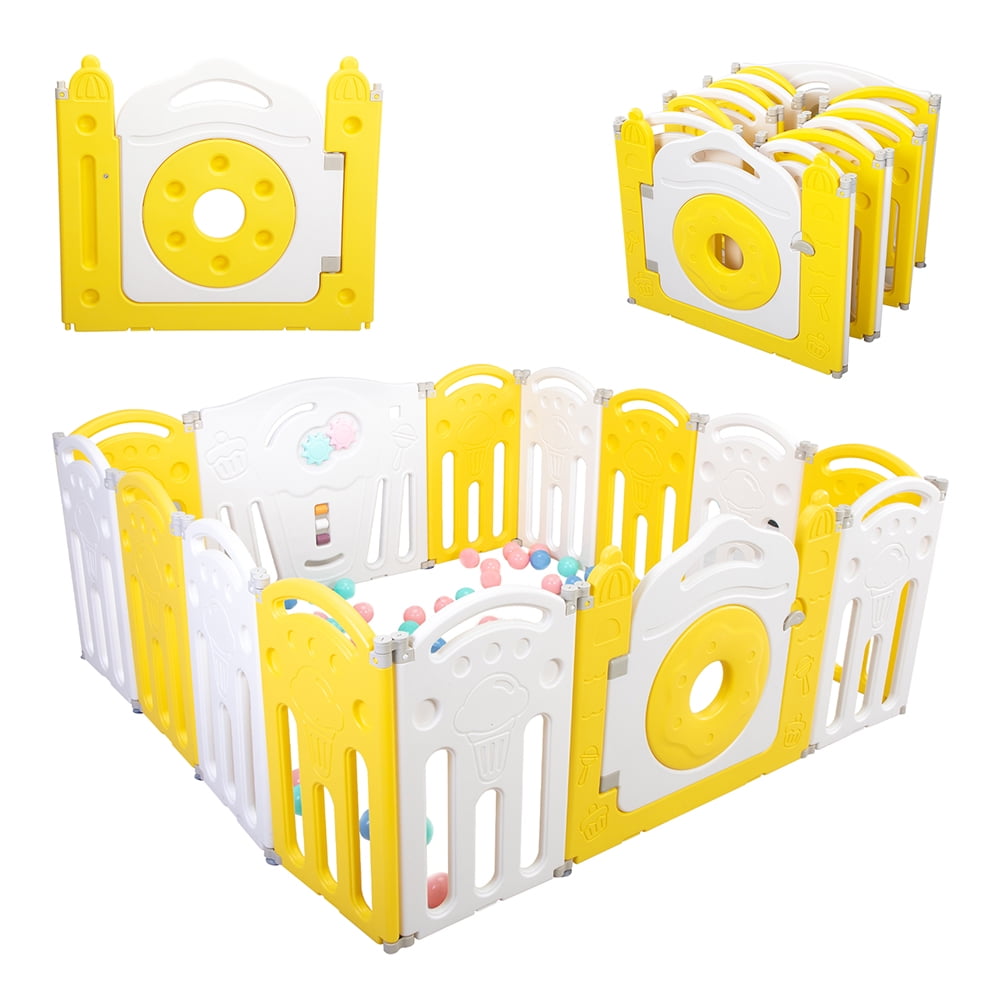 Private Jungle Foldable Kids Activity Centre Safety Play Yard Home Indoor Outdoor Baby Fence Play Pen NO Gaps with Gate for Baby Boys Girls Toddlers(14 Panel,Yellow + White)