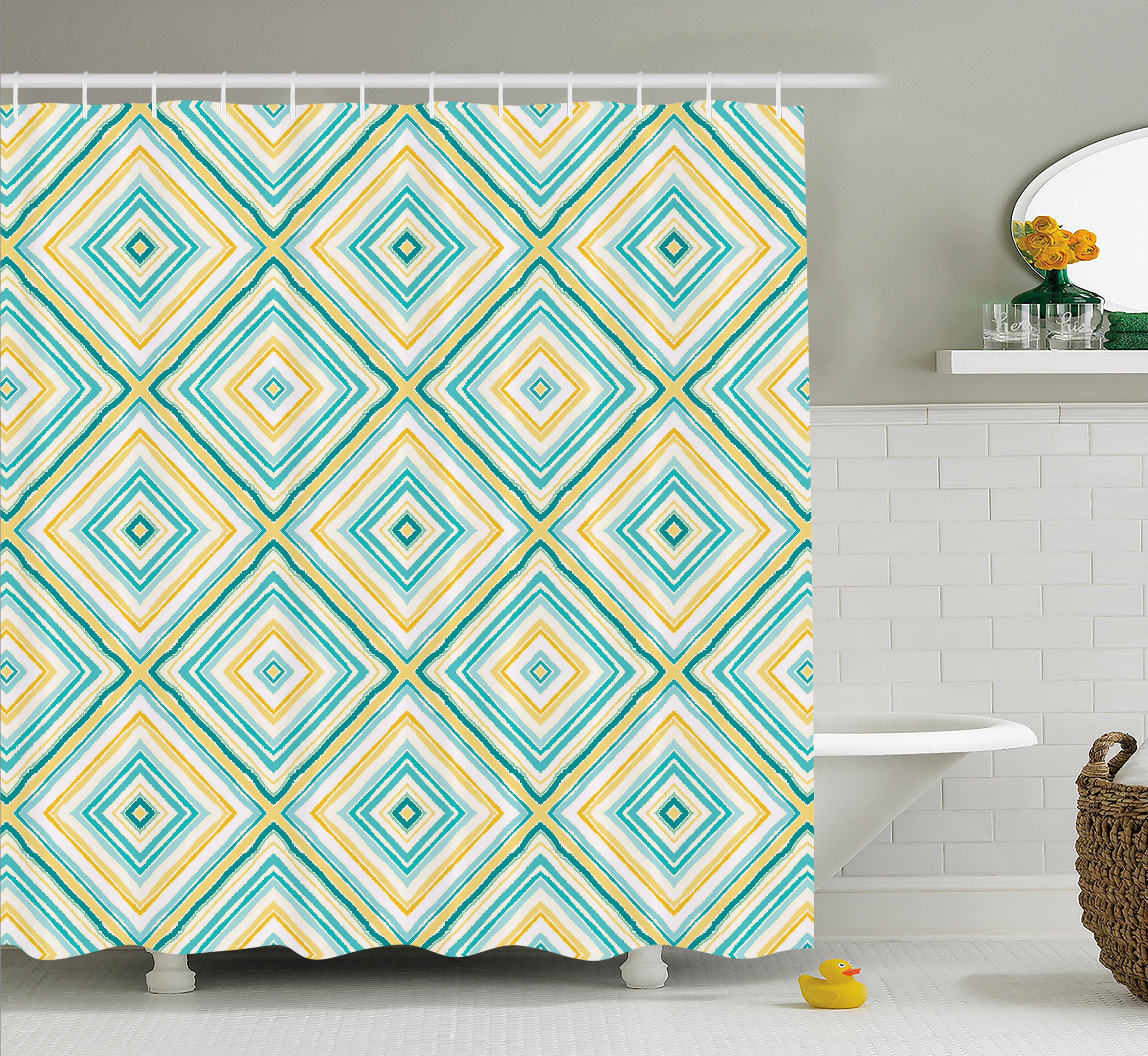 Aqua Shower Curtain, Square Rhombus Lines with Torn Paper Effect