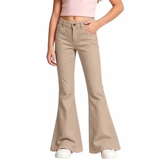 YAYUBA Girls Flare School Uniform Pants Khaki Kids Wide Leg Bell Bottoms Mid Rise Elastic Waist Loose Back To School Casual Pants with Pockets, 5-6 Years