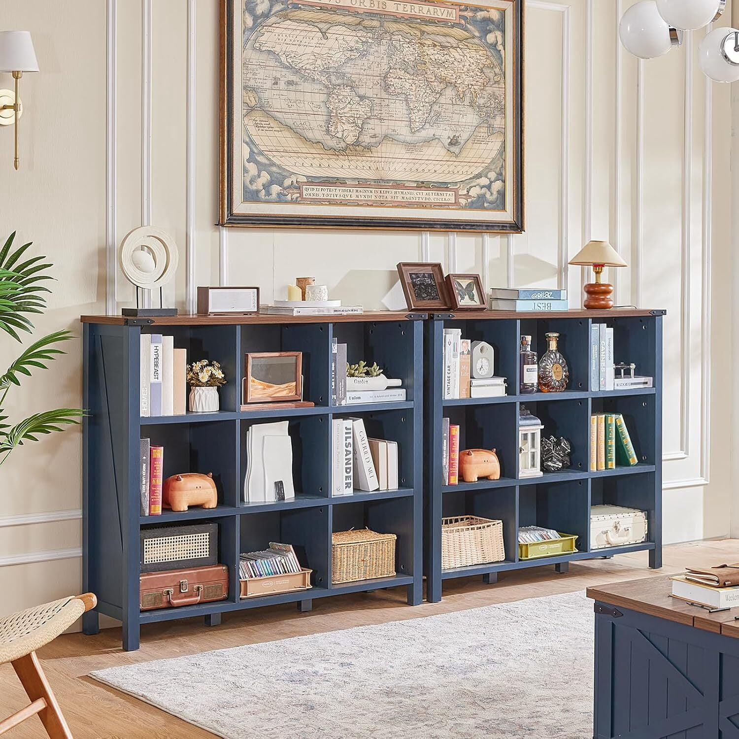 Joaxswe 3-tier Bookshelf, 42.2 in Tall Bookshelf with 9 Open Display Shelves, Large Bookcase for Office Living Room, Blue