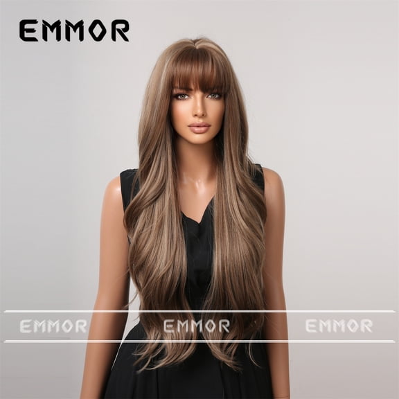 European and American Export Hot Selling Wig, Bangs, Big Waves, Long Curly Hair, Ombre Brown High Temperature Fiber Synthetic Wig Cap