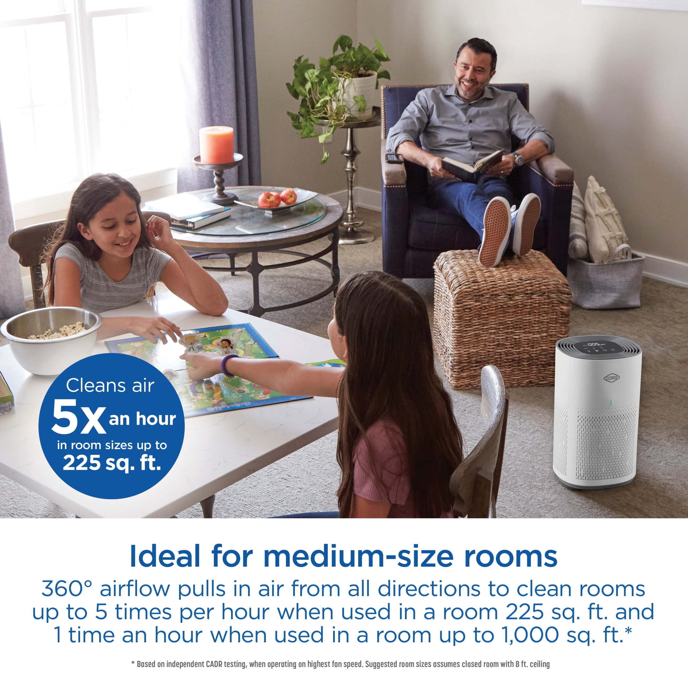 Clorox Medium Room Air Purifier for Allergies and Asthma, True HEPA Air Filter for Bedroom, 1,000 Sq Ft Capacity, White