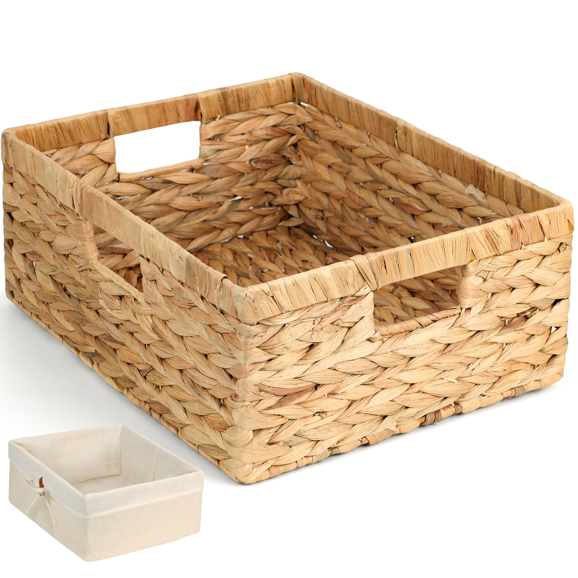 Storage Standard Large Rectangular Water Hyacinth Storage Basket with Cotton Liner, 15" x 12" x 6" Built-In Handles, Natural Woven Shelf Organizer for Pantry, Closet, Living Room
