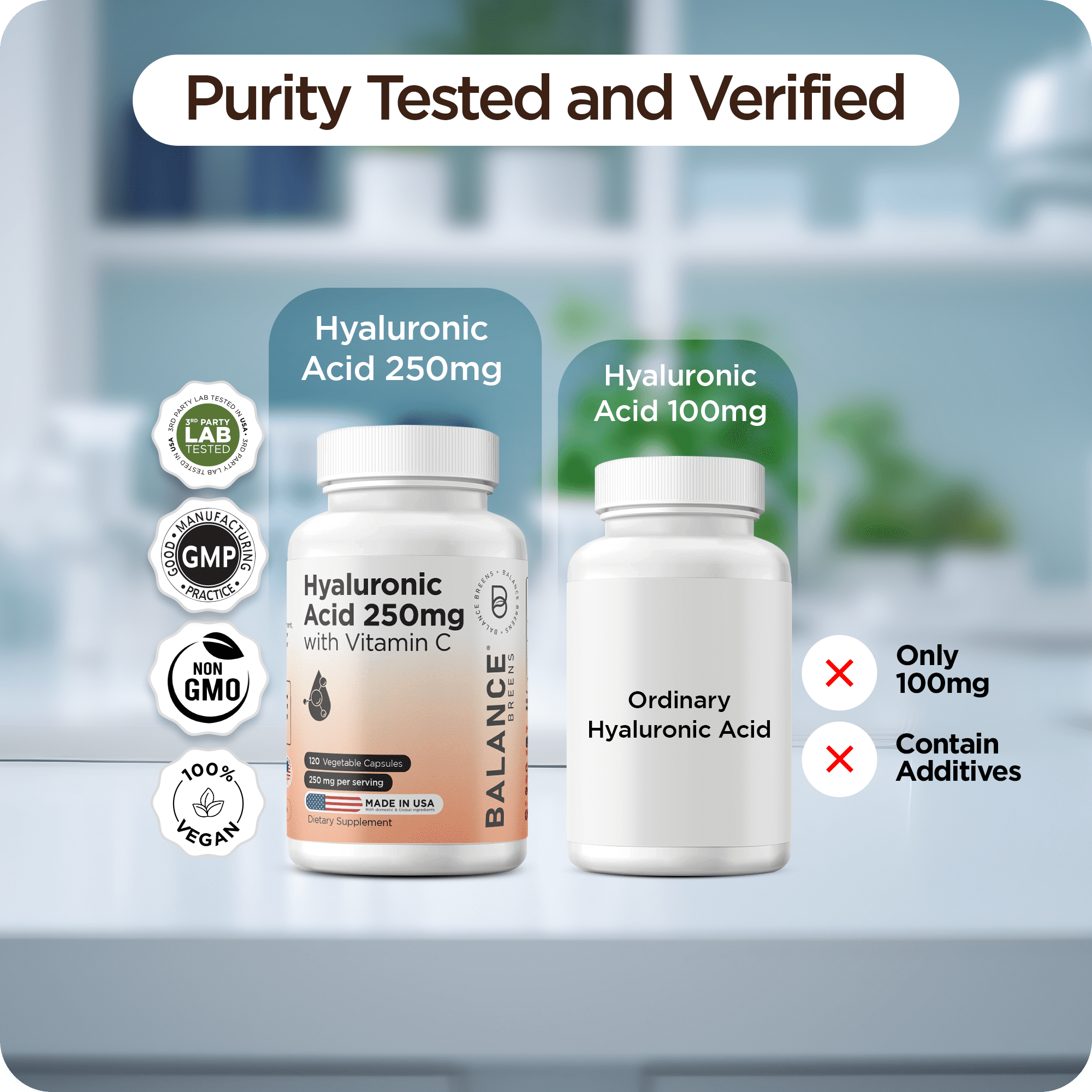 Pure Hyaluronic Acid Supplements 250mg with Vitamin C 50mg - 120 Vegan Capsules - Skin Hydration for Natural Glow - Pure Supplement w/Hair, Nails, Bone & Joint Health Formula