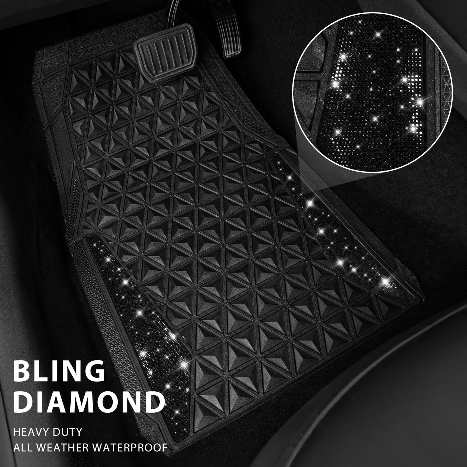 CAR GRAND Bling diamond rubble automotive floor mats full set anti-slip water proof universal fit glitter crystal sparkly shining rhinestone girl woman lady femal Black