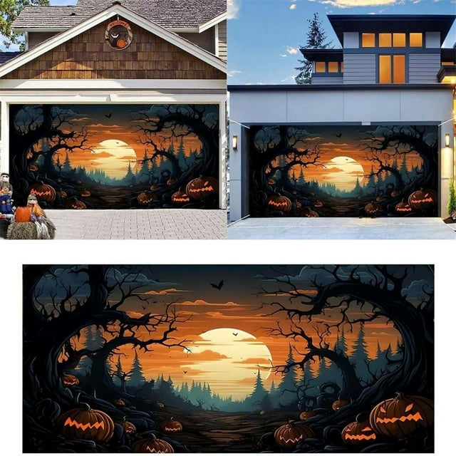 Liquidation! Housse de Porte de Garage Halloween Housse de Porte de Garage Halloween Housse de Porte d'Arrage Halloween 7x8 / 7x16 Pieds Housse de Porte de Garage Halloween AG
