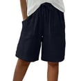 thumbnail image 3 of Women's Cotton Linen Bermuda Shorts Knee Length Elastic Waist Loose Fit Summer Casual Shorts with Pockets, #03 Navy, XXL, 3 of 7