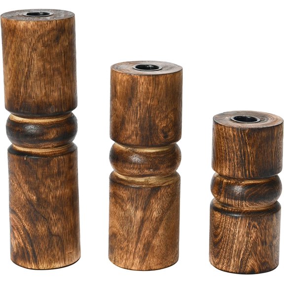 Main Mesa Wood Stack Taper Candle Holders, Set of 3 Wooden Stack Espresso