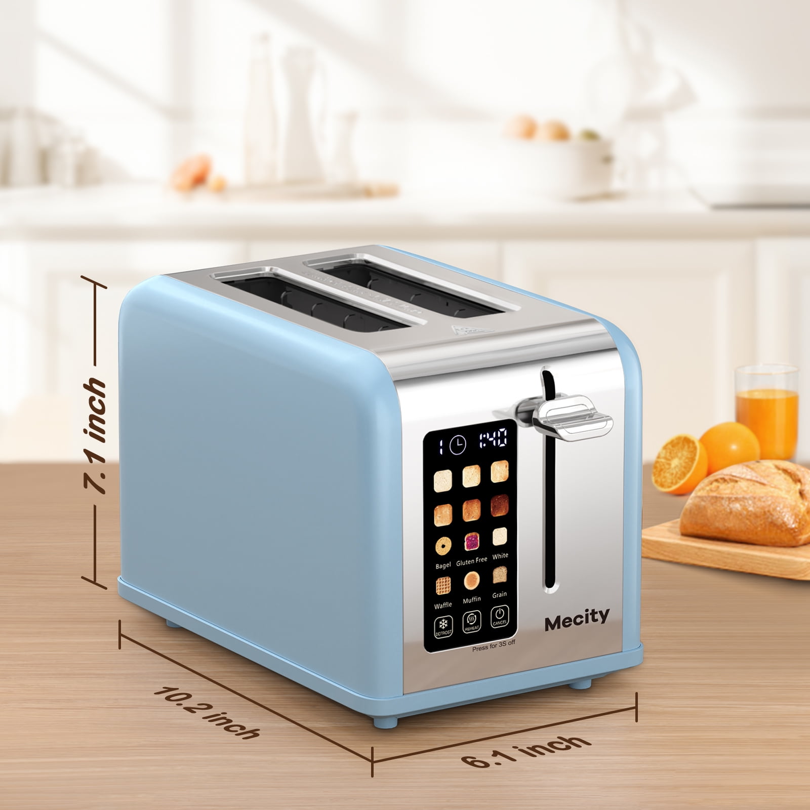 Mecity 2-Slice Touchscreen Toaster, Stainless Steel, 6 Shade Settings, Wide Slots, Crumb Tray, 120V, Blue