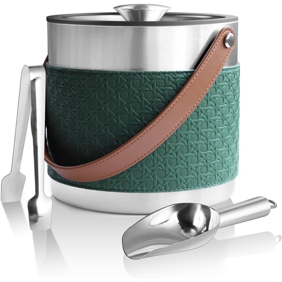 Insulated Ice Bucket with Lid, Scoop, Ice Tongs & Detachable Double-Sided PU Cover– 3L Double-Wall Stainless Steel Ice Buckets for Parties, Cocktail Ba, Champagne & Bar Cart Accessories
