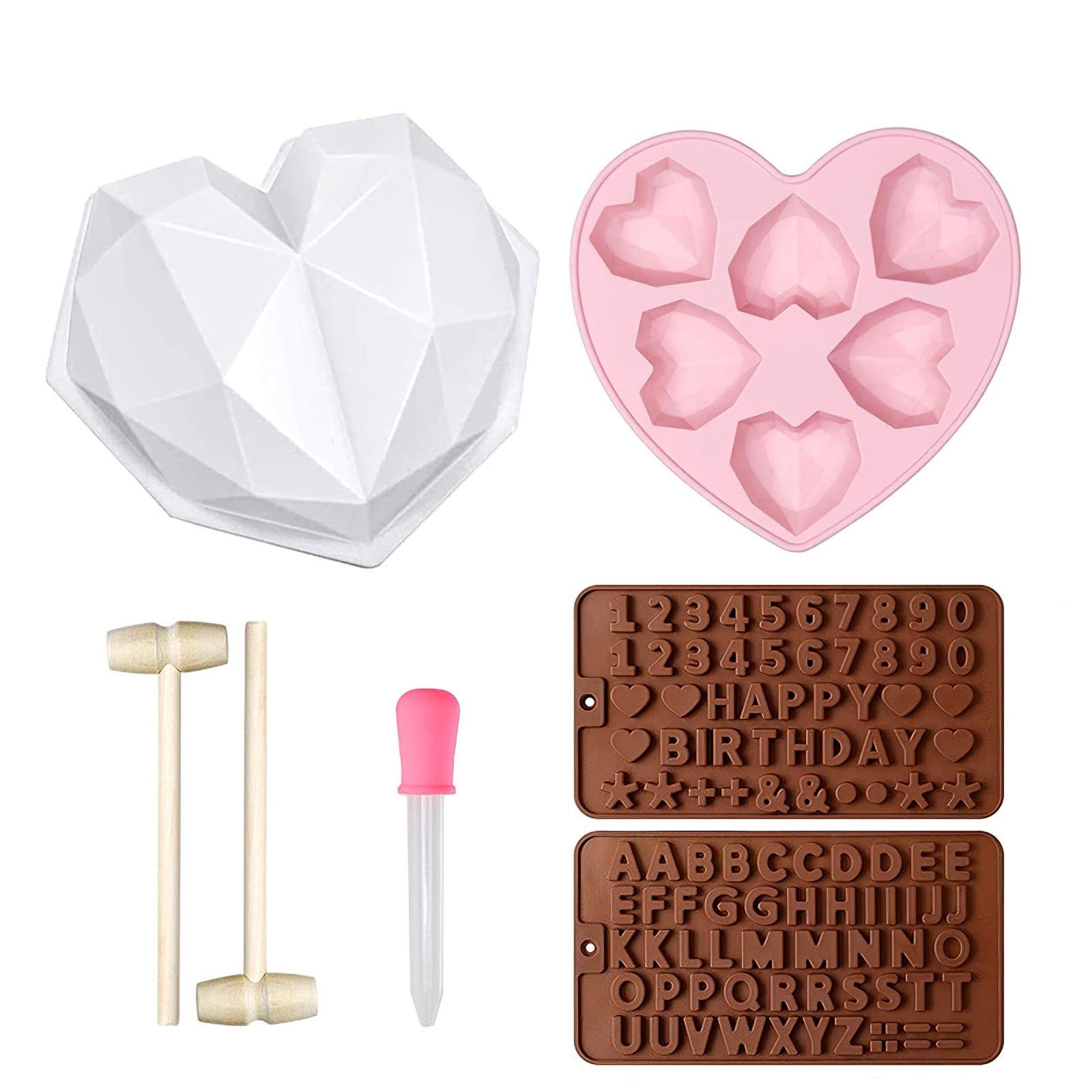 6 Pieces Diamond Heart Love Mousse Cake Mold Silicone Letter and Number Chocolate Mold with Wooden Hammers and Droppers for Home Kitchen DIY Baking Tools 6Pcs