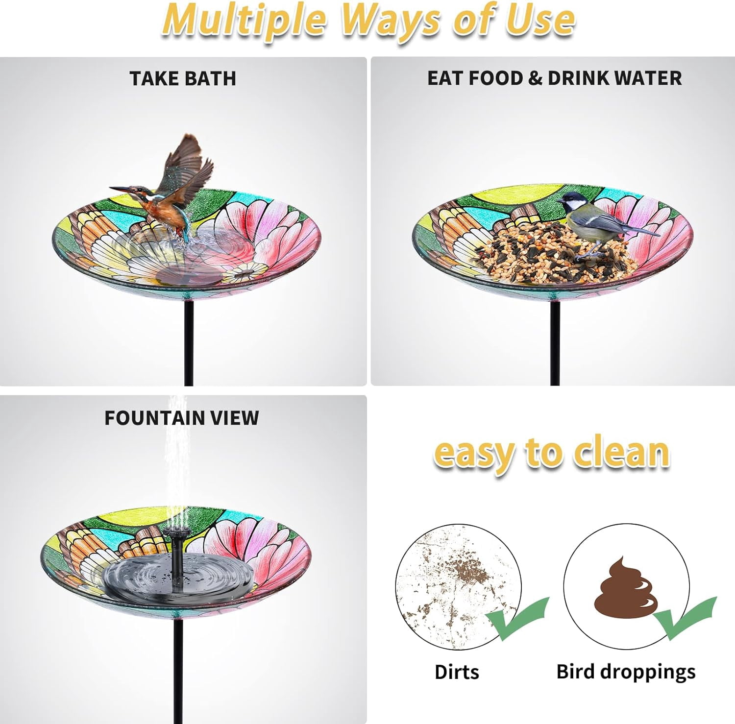 MUMTOP Glass Bird Bath with Metal Stake, Garden and Patio Decor and Butterfly & Flower Feeders