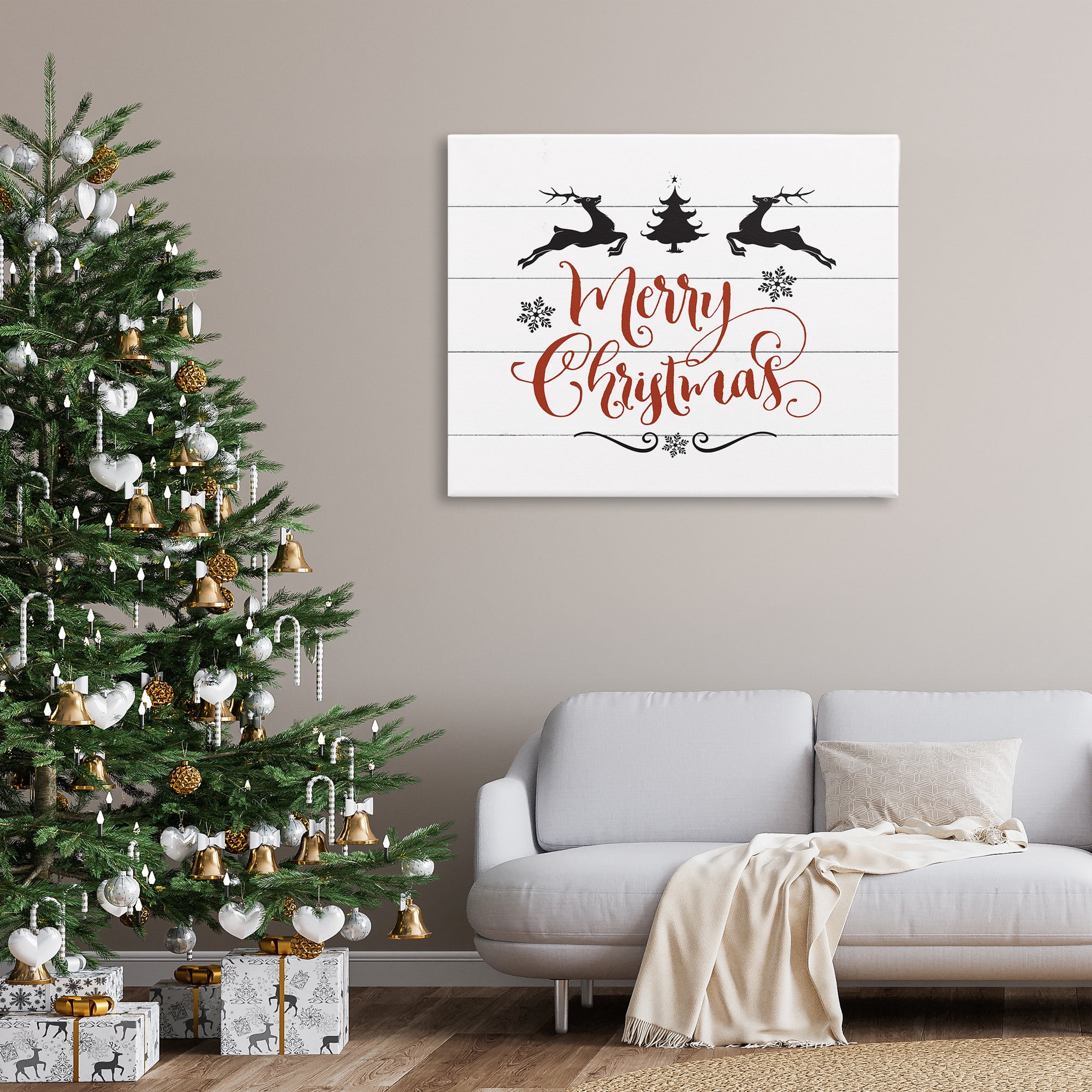 Stupell Industries Merry Christmas with Reindeer Holiday Painting Gallery Wrapped Canvas Art Print Wall Art, 48 x 36