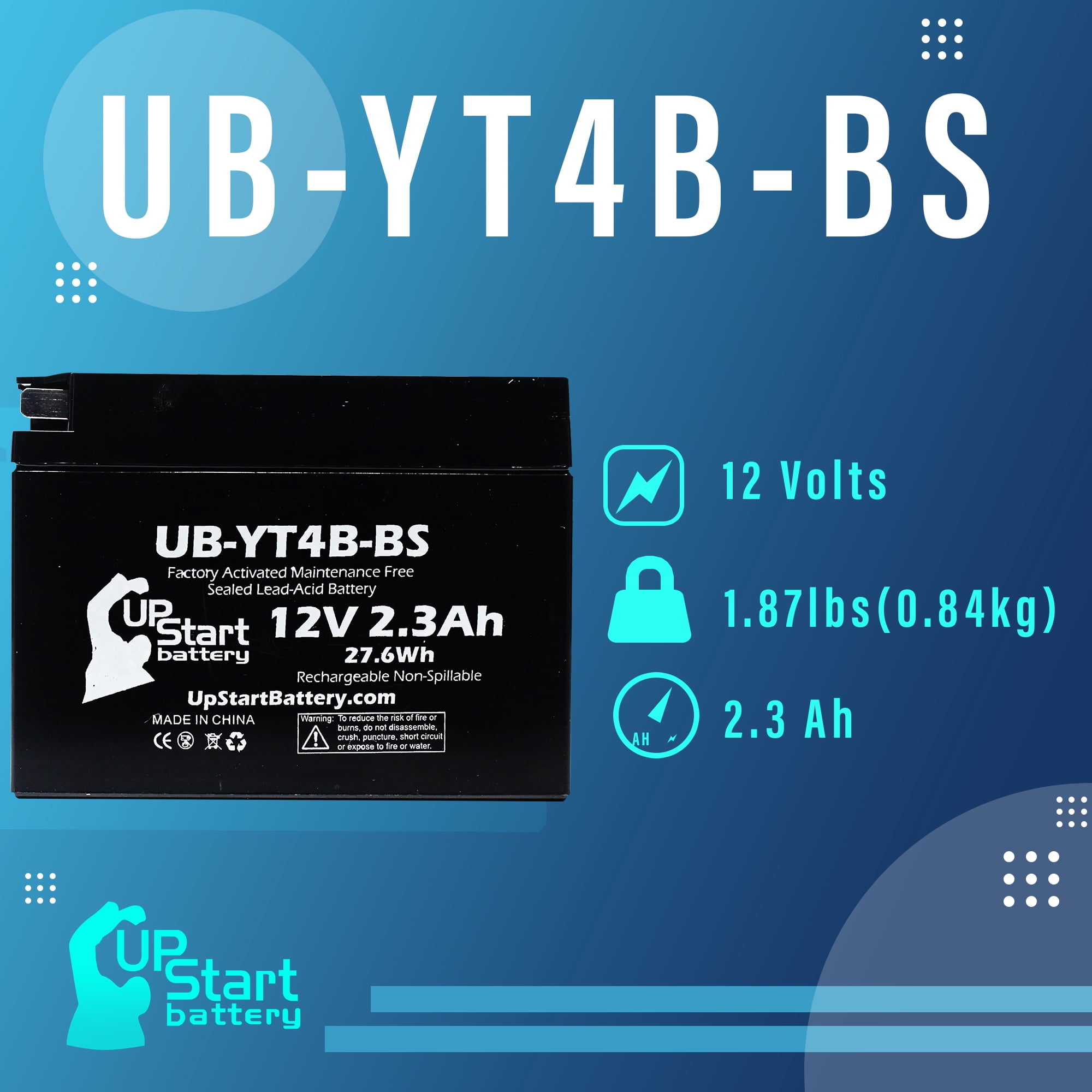 UpStart Battery Replacement 2005 Yamaha TTR90E Electric Start 90CC Factory Activated, Maintenance Free, Motorcycle Battery - 12V, 2.3Ah, UB-YT4B-BS