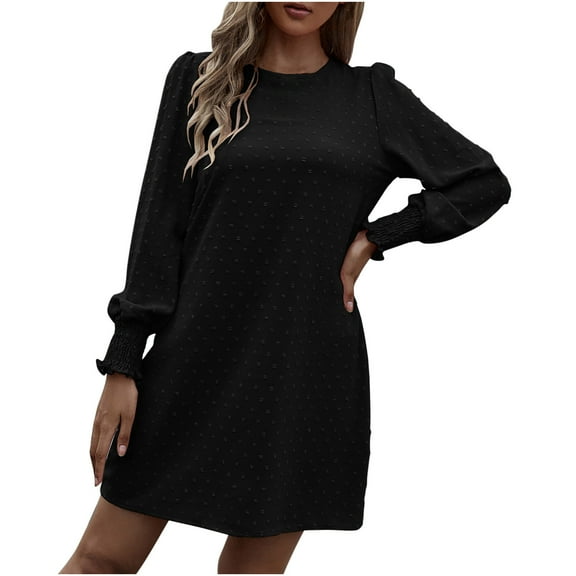 LLYwey s Western Dresses for Women Spring and Round Neck Dots Solid Color Long Sleeve Closed Dress New Casual Dresses Black S