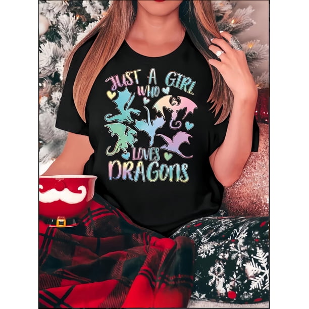 Women's Fun Gradient Dragon & Heart Graphic Tee - Casual Crew Neck Short Sleeve T-Shirt, Stretchy Polyester Blend, Machine Washable - Perfect for Summer