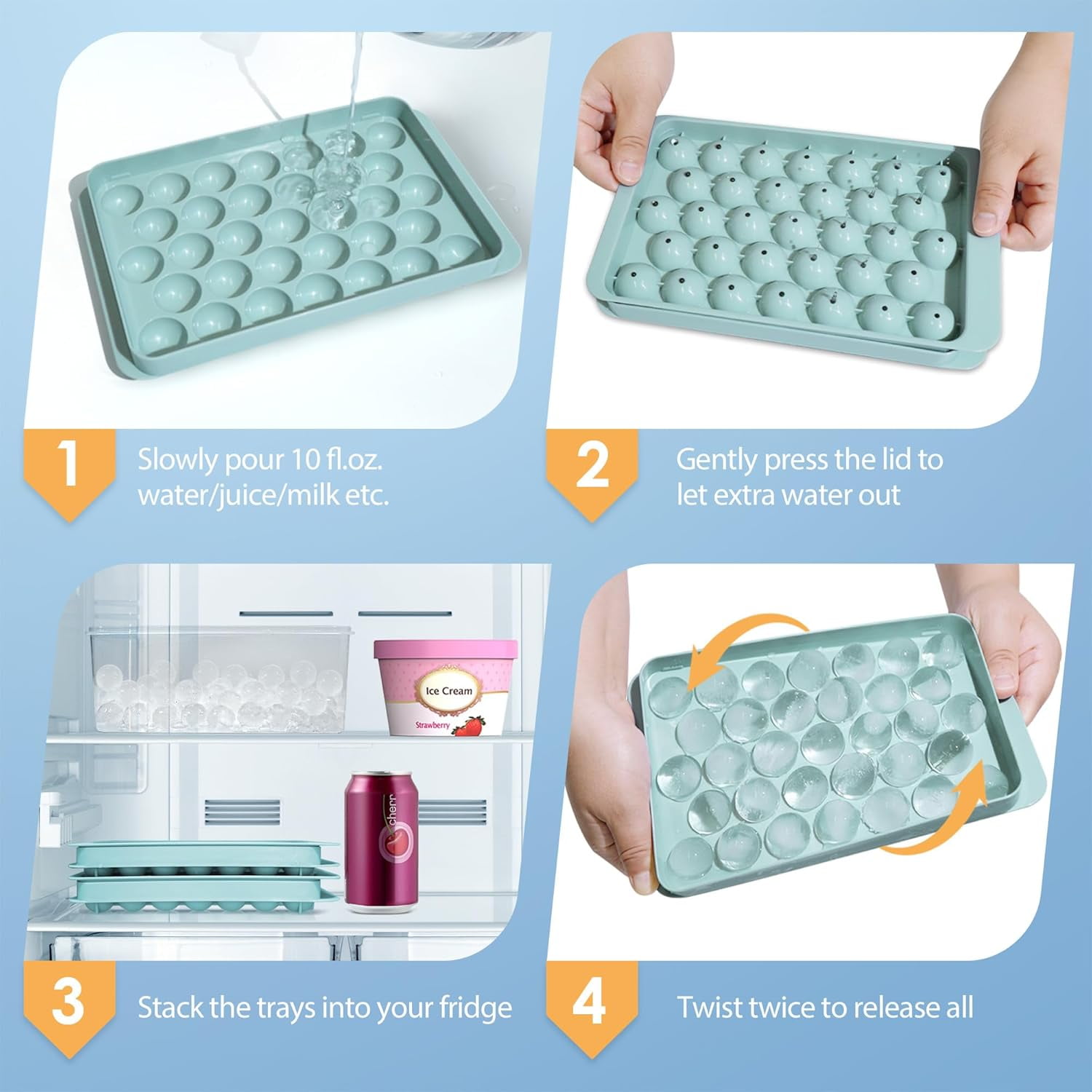 Ice Cube Tray with Lid and Bin - Round Ice Trays for Freezer with Lid - Ice Cube Trays for Freezer with Ice Container