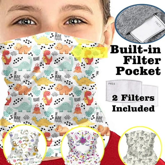 Child Face Covering with Filter Pocket, Reusable Face Mask with 2 Filters, Washable Cooling Neck Gaiter, White Dinosaur - CLEANBREATH™