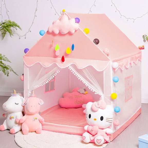KEYAHAPPY Kids Tent Pink Princess Playhouse Castle Large Play Tent for Toddler with Windows Cloud and Ball Lights for Girls Indoor and Outdoor Games 47.2" L x 39.4" W x 51.2" H