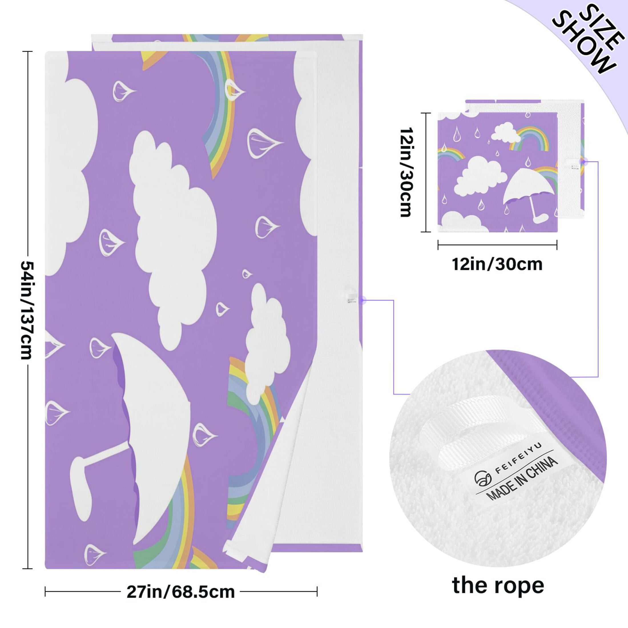 Cloud Umbrella and Rainbow 2 Piece Cotton Bath and Face Towel Set Soft and Absorbent, for Beach Pool Bathroom