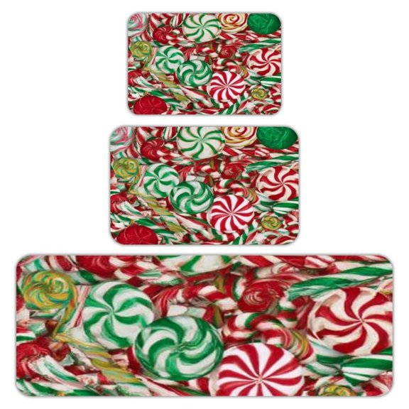 RKSupls Kitchen Rug Set 3 Piece Anti-Slip Flannel Floor Mats, Christmas Candy Swirl Washable Absorbent Runner Mats for Kitchen Bathroom Home Decor