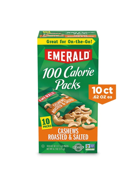 Emerald Nuts, Cashews Roasted & Salted, 100 Calorie Packs, 10 Ct, 6.2 Oz