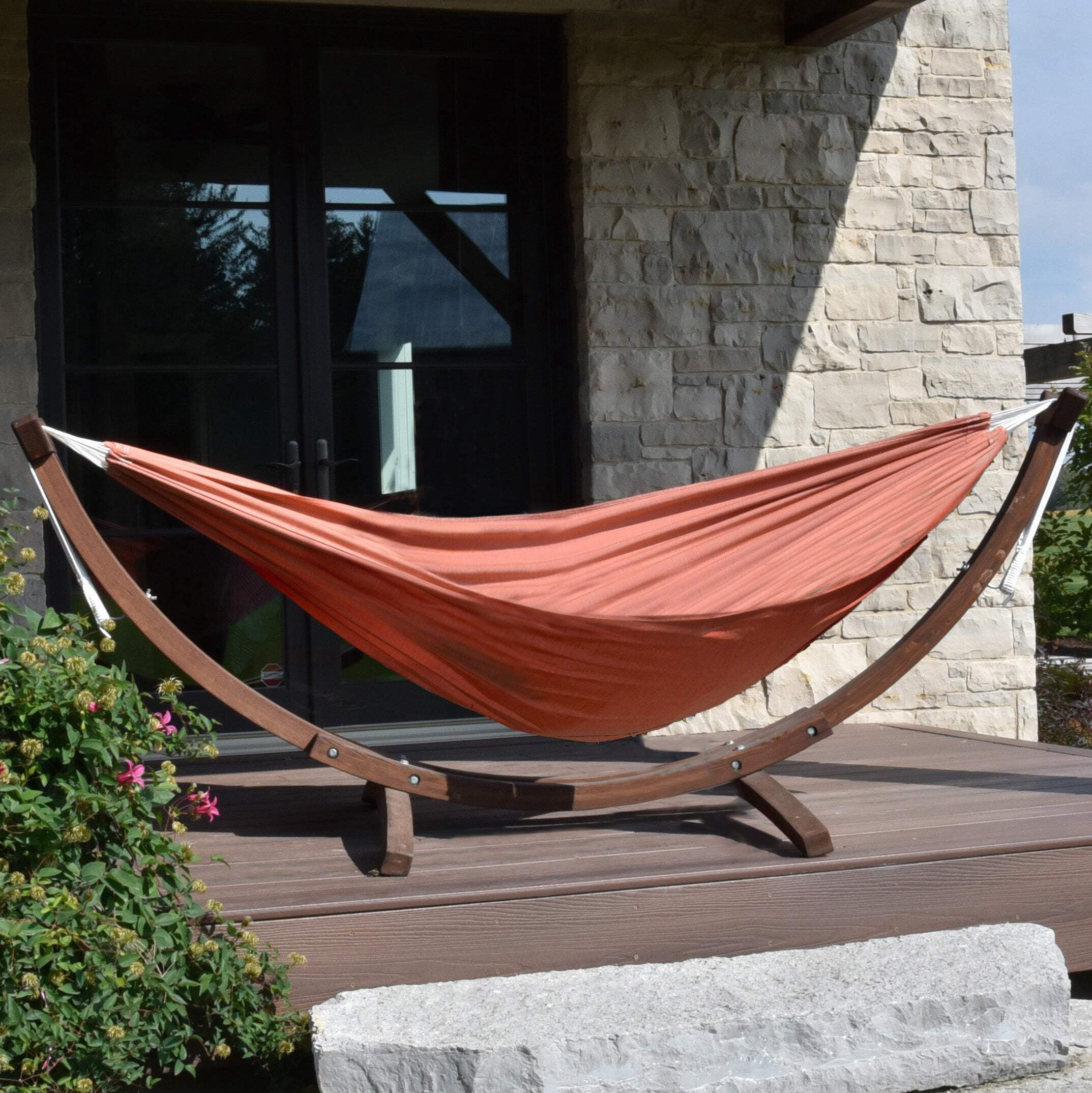Vivere Double Sunbrella Hammock with Solid Pine Arc Stand- Coral