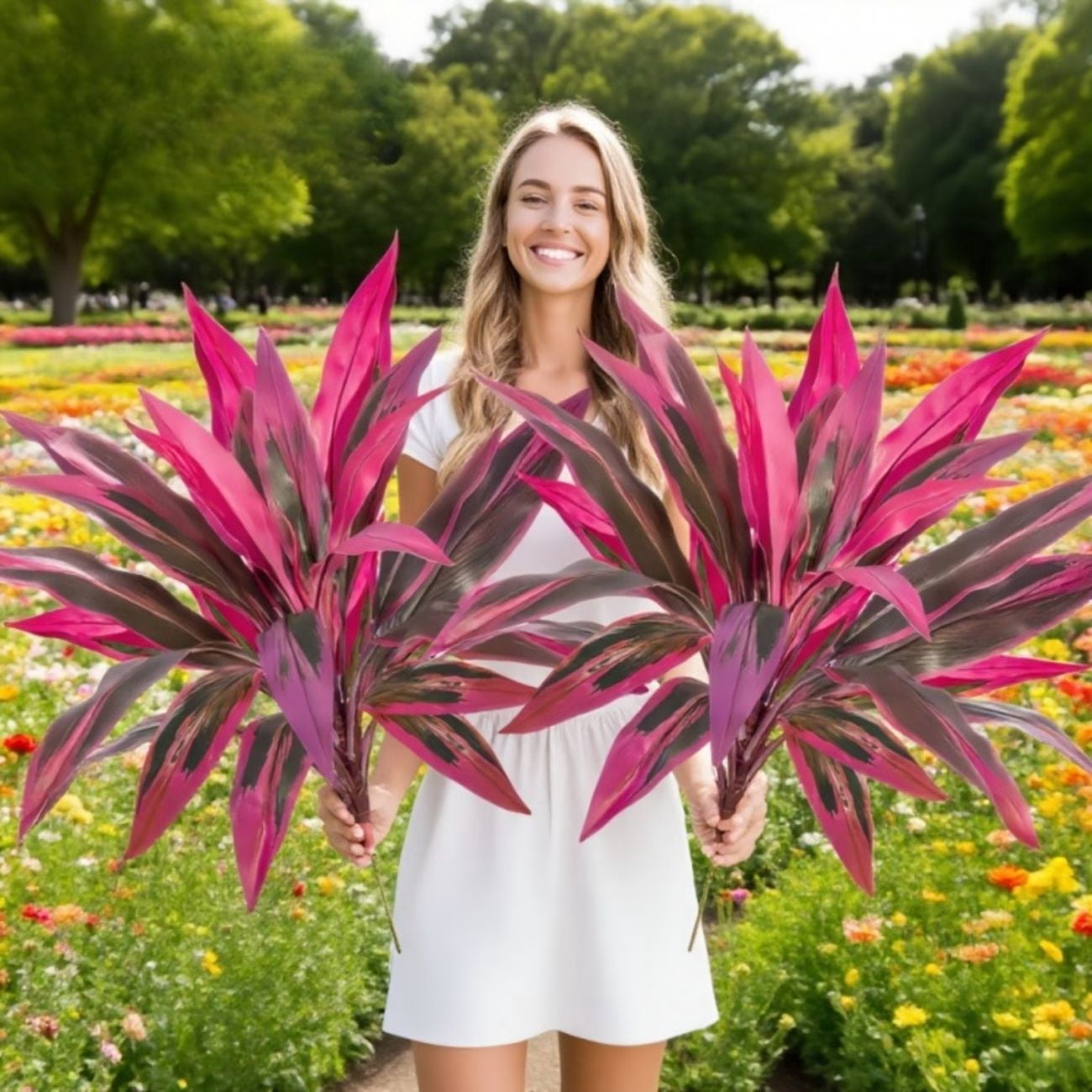 2PCS Artificial Red Cordyline Plant, 23.6 Inch Tall Faux Ti Plant with White Pot, UV Resistant Fake Outdoor Indoor Plants for Home Porch Garden Decor