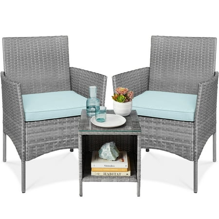 Best Choice Products 3-Piece Outdoor Wicker Conversation Patio Bistro Set, W/ 2 Chairs, Table - Gray/Pastel Blue
