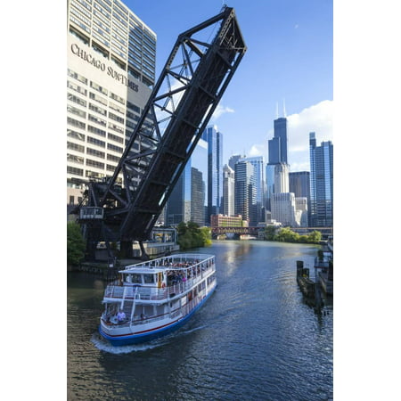 Tour Boat Passing under Raised Disused Railway Bridge on Chicago River, Chicago, Illinois, USA Print Wall Art By Amanda