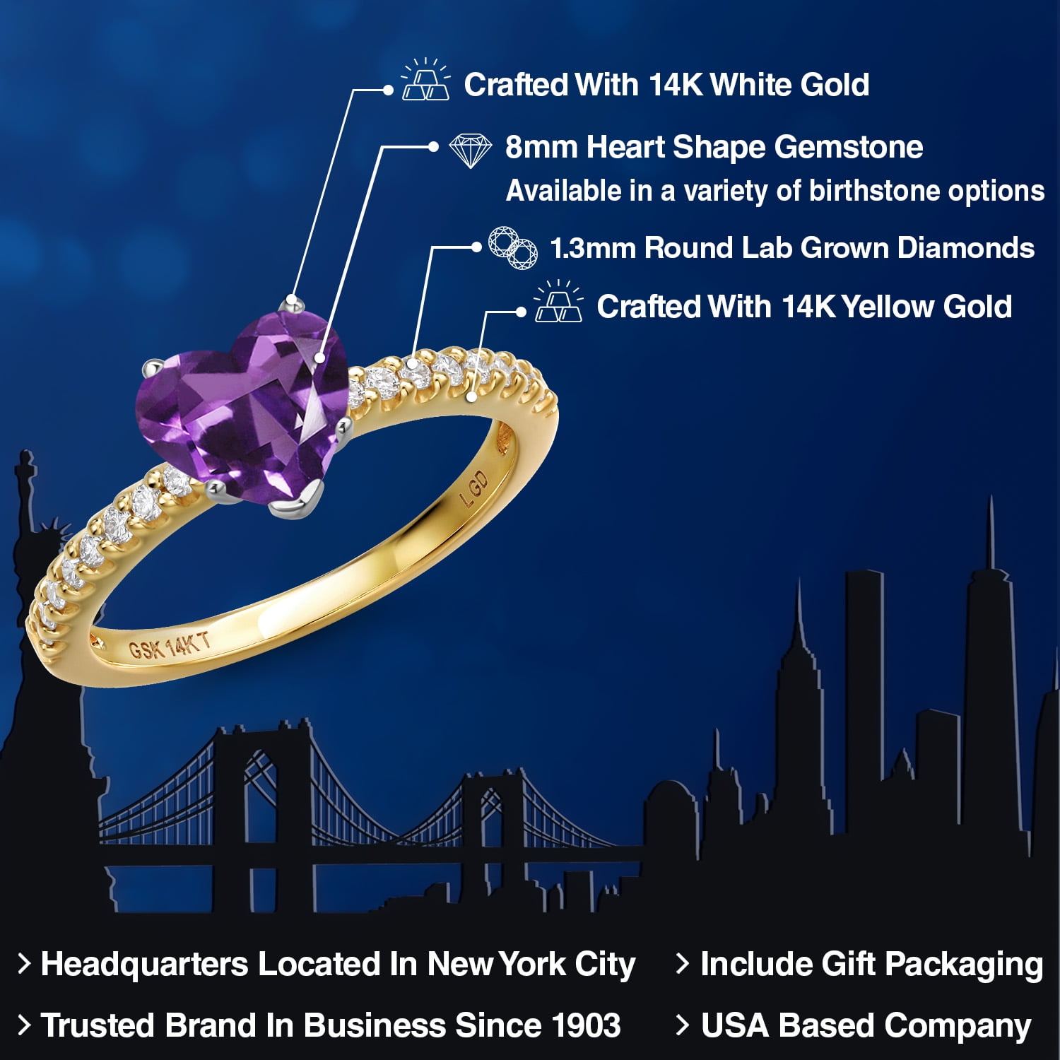 Gem Stone King 14K Two Tone Gold Purple Amethyst and Lab Grown Diamond Engagement Ring for Women | 1.76 Cttw | Heart Shape 8MM | Gemstone February Birthstone | Size 6