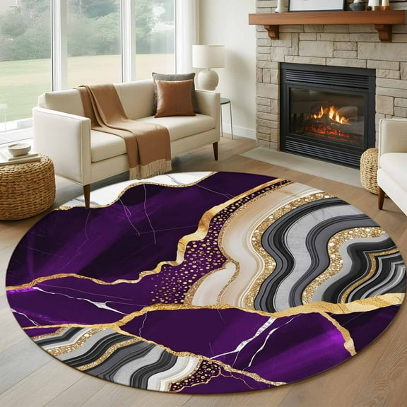 Purple Marble Round Rug 5ft Washable Circle Kitchen Rugs Non Slip Grey Gold Texture Vintage Farmhouse Art Large Area Rug Indoor Floor Carpet for Bedroom Living Room Home Office Dining Room Nursery