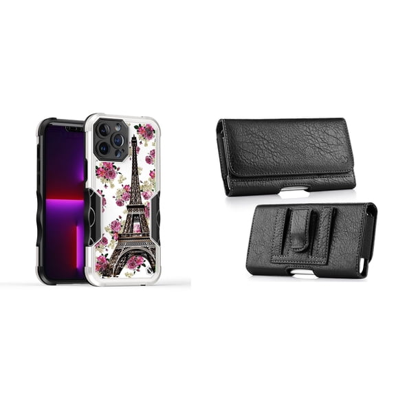 Case and Pouch Bundle for iPhone 14: Heavy Duty Armor Rugged Case (Eiffel Tower Flowers) and Coin Card Wallet Belt Holster