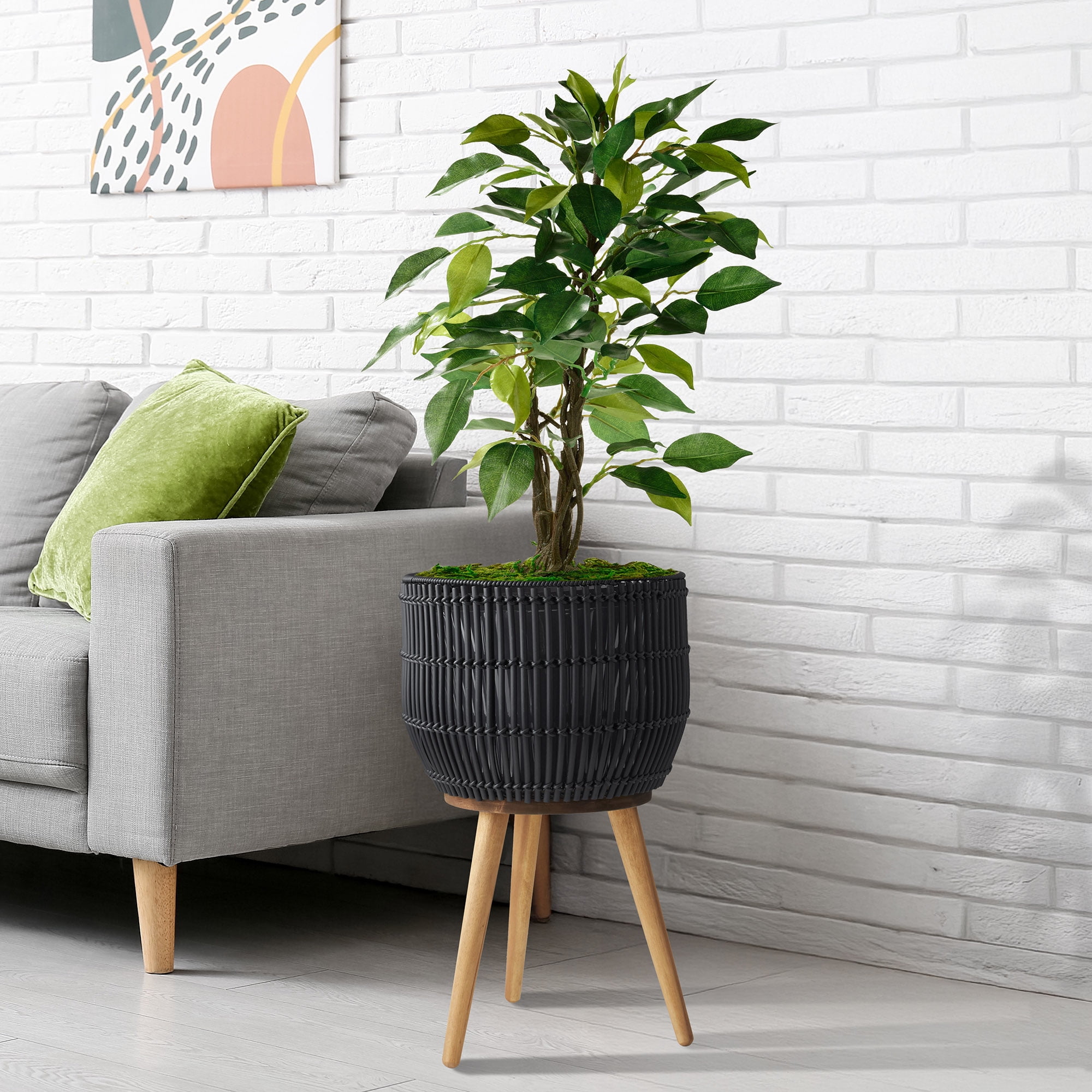 Casafield Floor Planter with Wood Legs in Black, Planter Basket with Stand, Large Plant Pot Cover with Liner