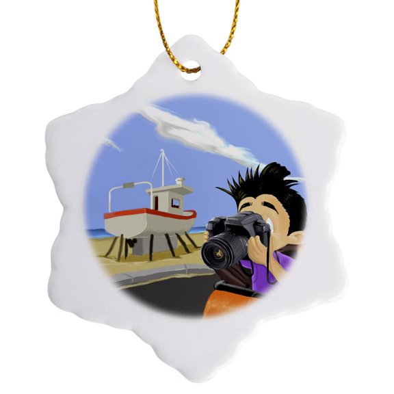 3drose, Kikeo Photographs an Old Boat, 3 inch Snowflake Porcelain Ornament