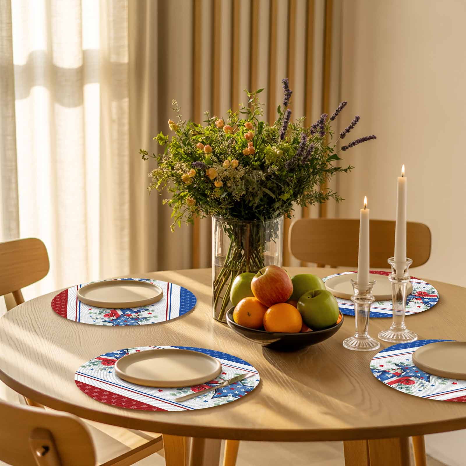 Red White Blue Patriotic Stars Round Table Placemats set of 6, Eucalyptus Leaves Poppy Washable Woven Place Mats for Dining Tables Kitchen Party Decor,Heat Proof, 15in,