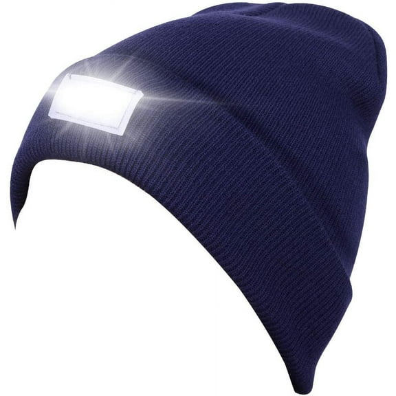 Morttic Unisex Knitted Beanie With Light ,Winter Warm Cuffed Beanie Cap Built-In 5 LED Flashlight Men Women Outdoor Headlamp Hat for Hiking ,Camping ,Running (Dark Blue)