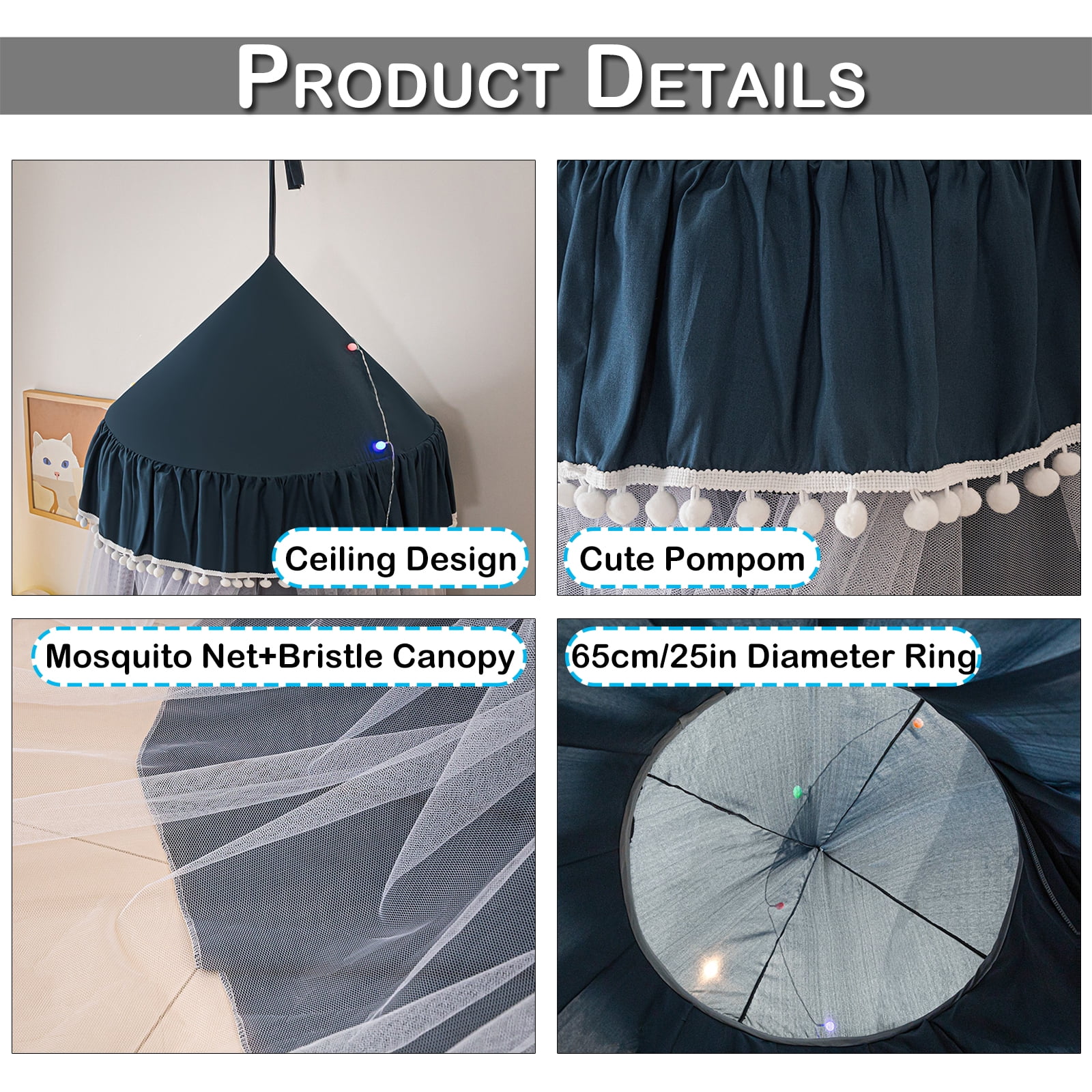 Qelus Bed Canopy for Kids' Bed, Double Layer Canopy Bed Curtains Pompom Ceiling-Mounted Mosquito Net Foldable Prince Princess Cute Tent for Children Reading Nook