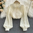 thumbnail image 4 of PIKADINGNIS Spring Vintage Jacquard Women Blouse Elegant Lantern Sleeve Beading Lapel Shirt Fashion Button Up Blouses Woman, 4 of 6